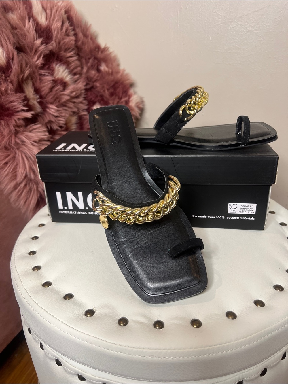 INC International Concepts Black Slide Sandals with Gold Chain Detail